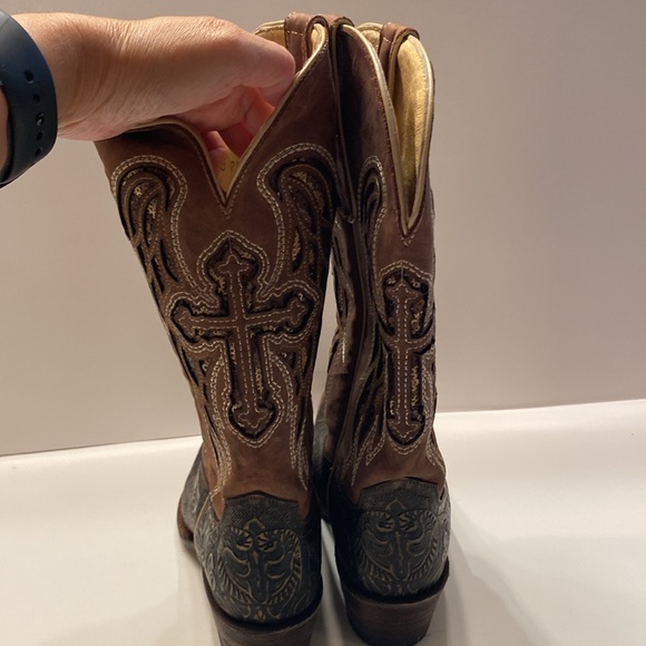 Women's Ferrini Western Hand Tooled Brown Leather Cross Wing Cowboy Boots Sz 7.5 - Picture 7 of 15